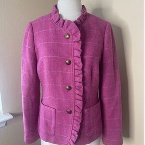 Talbots Wool Jacket Blazer Pink Plaid Button Up Peplum Ruffle Trim 10